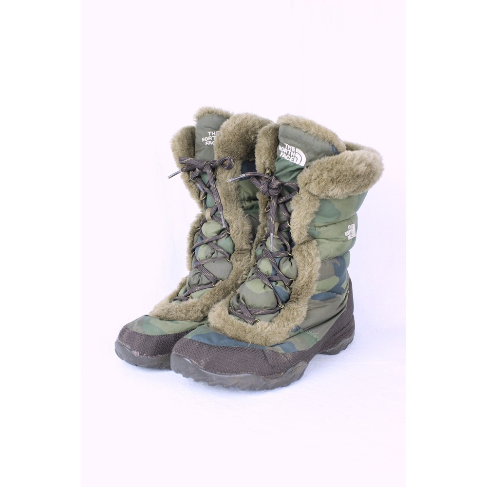 The North Face Nuptse Camo Goose Down Snow Boots Faux Fur Trim Green Womens 11